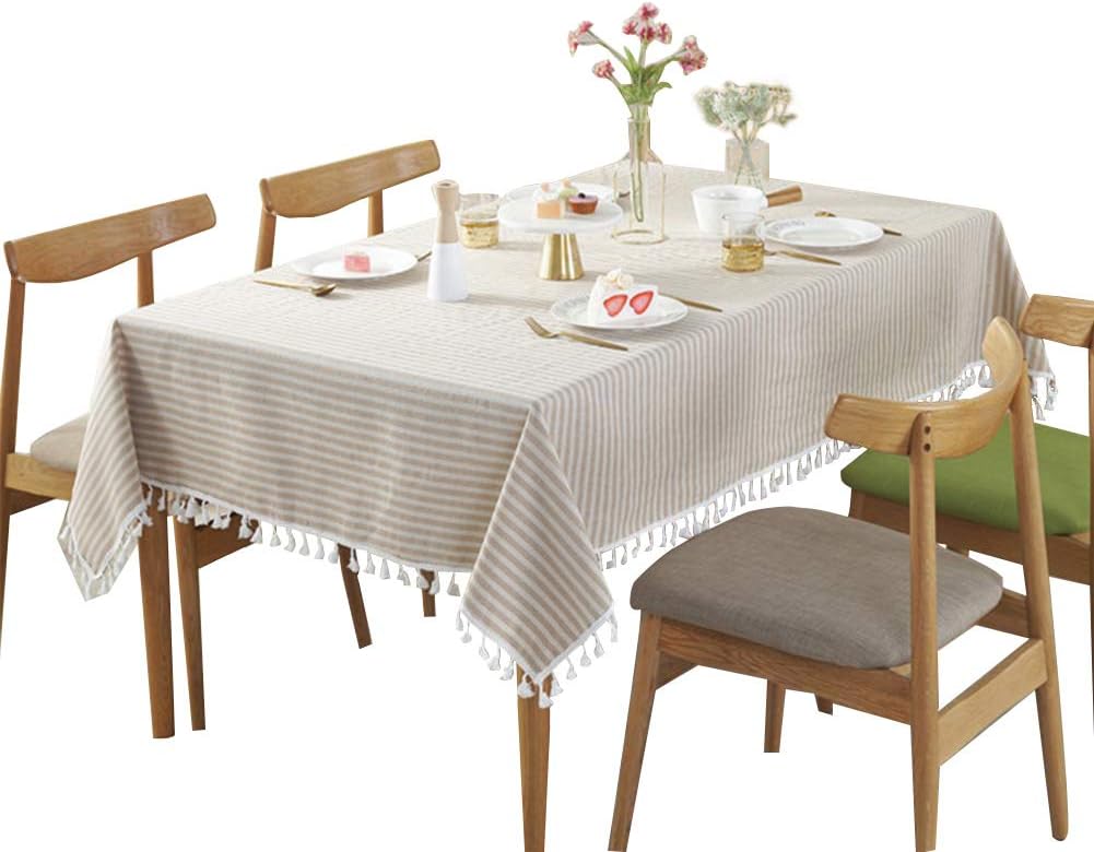 Simple striped fringe tablecloth cotton/linen rectangular white table cloth 140_x180_cm (55x70)