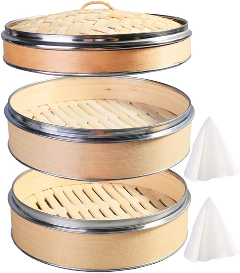 Hcooker 2 Tier Kitchen Wood Steamer with Double Stainless Steel Banding for Asian Cooking Buns Dumplings Vegetables Fish Rice