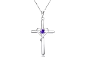 AmorAime 925 Sterling Silver Cross Necklace for Women Men 5A CZ Birthstone Necklaces 14K Gold Plated or Rose Gold Necklace for Valentine's Day or Holiday