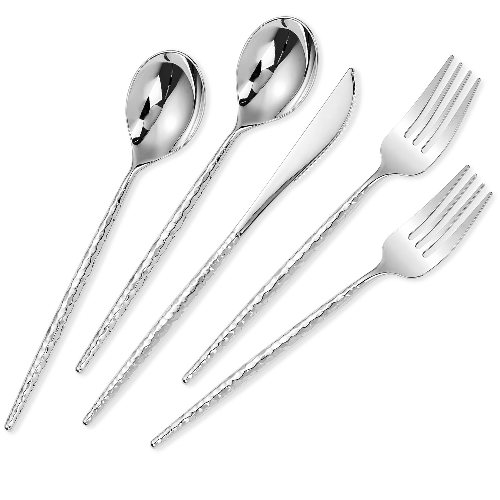 Photo 1 of SUT 150PCS Silver Plastic Silverware, Disposable Utensils, Includes 50 Knives, Forks and Spoons, Hammered Silverware Set, Silver Plastic Cutlery. Plastic Silverware Heavy Duty for Party/Wedding