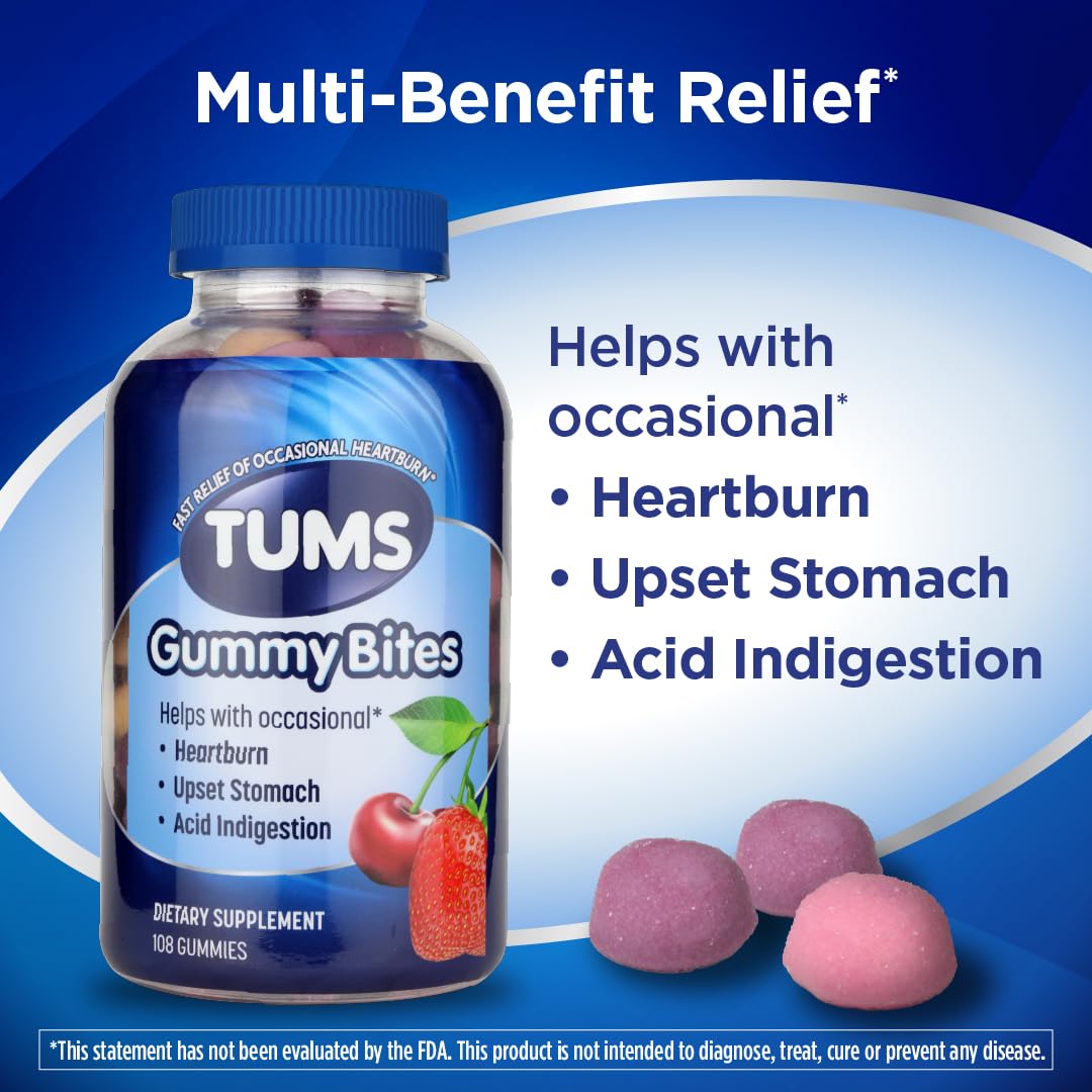 TUMS Gummy Bites Dietary Supplement for Occasional Heartburn Relief, Upset Stomach and Acid Indigestion, Great for a Summer BBQ - Cherry Berry Burst - 108 Count