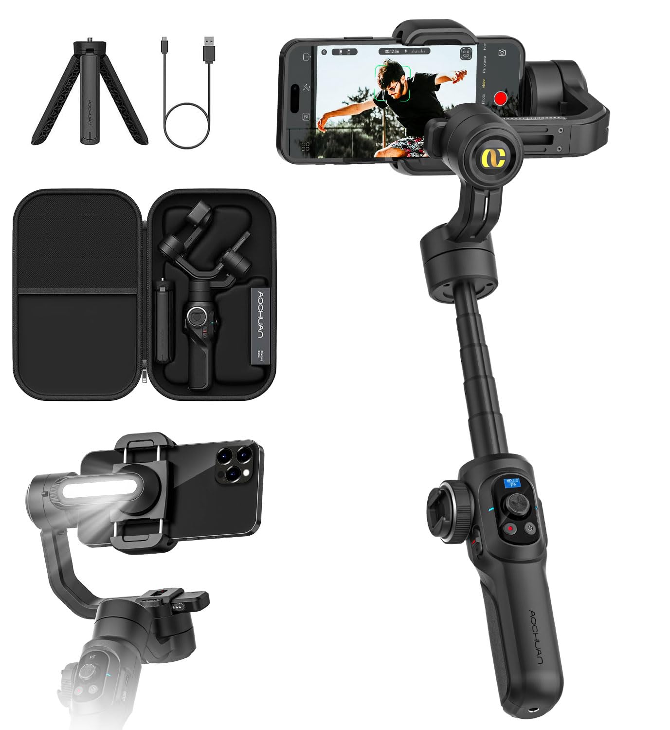 Professional Gimbal Stabilizer for Smartphone,Built-in 18CM Extension and Powerful Fill Light,360°Inception,Face&Object Tracking stabilizer,3-Axis Gimbal for iPhone& Android-AOCHUAN Smart S2