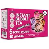 Tealise Instant Bubble Tea Kit (10 Servings) 5 Flavors Variety Pack, Ready in 30 Seconds, No Boiling, Syrup-Based Boba Kit with Chewy Tapioca Pearls, DIY Milk Tea at Home