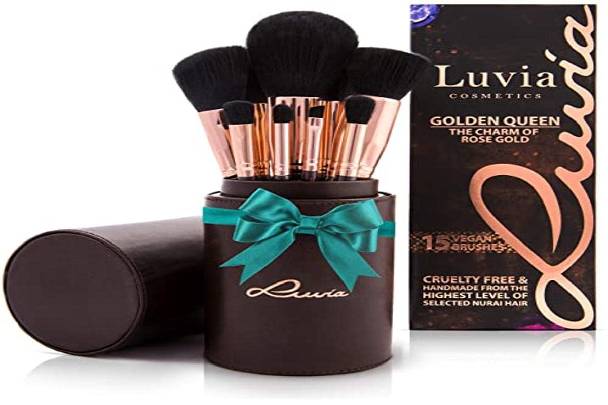 EXCLUSIVE : Professional Make up Brushes - “Golden Queen” 15 Brush Set with Satin Tube by LUVIA COSMETICS – The Kit includes a Comb for lashes and eyelashes – The perfect gift for a Woman (Vegan/Cruelty Free) — image 1