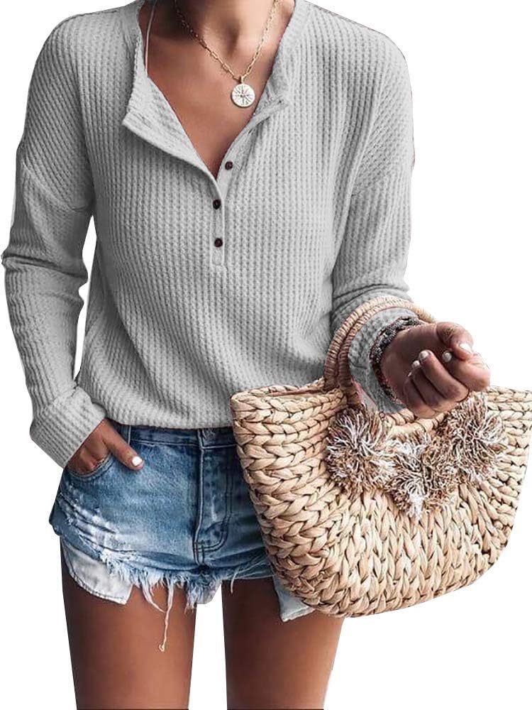 DellytopWomens Henley Shirts V Neck Long Sleeve Button Down Tops Warm Waffle Knit Tees