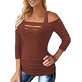 Bellelily Womens Sexy Tops Cut Out Cold Shoulder Half Sleeve Shirts Square Neck Hollow Out Ruched Concert Rock Tee Blouse