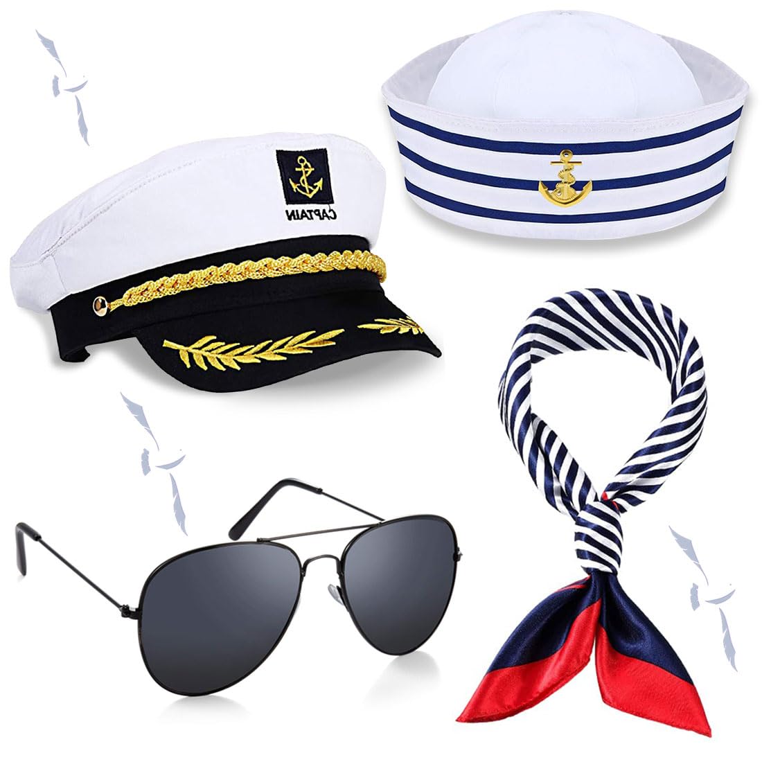 NETUME Sailor Captain's Hat Sunglasses and Scarf - 4 Pcs Captain Cap Costume Accessories for Adults - Navy Party Hats for Sea, Yacht, Cosplay