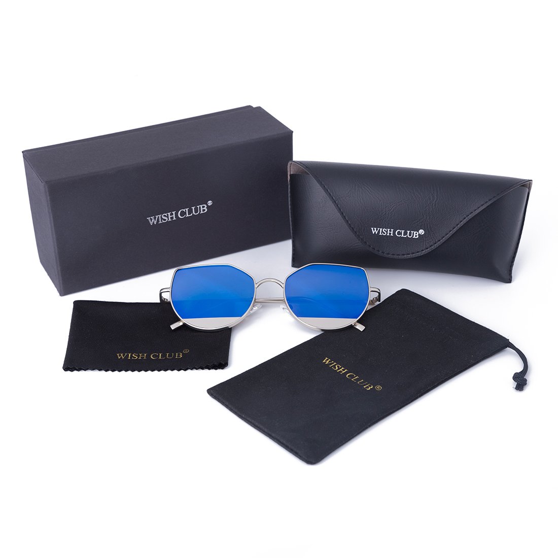 WISH CLUB Cat Eye Sunglasses Coating Mirrored Flat Lenses Fashion Metal Frame Women UV 400 (Blue)