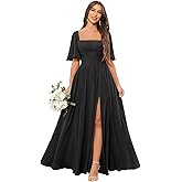 Likeora Square Neck Bridesmaid Dresses with Slit Chiffon Flutter Sleeve Long Formal Wedding Guest Dress with Pockets