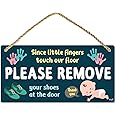 Fun-Plus Please Take Your Shoes Off - Remove Your Shoes Sign - 10″x5″ PVC Plastic Hanging Sign- Since Little Fingers Touch Our Floor