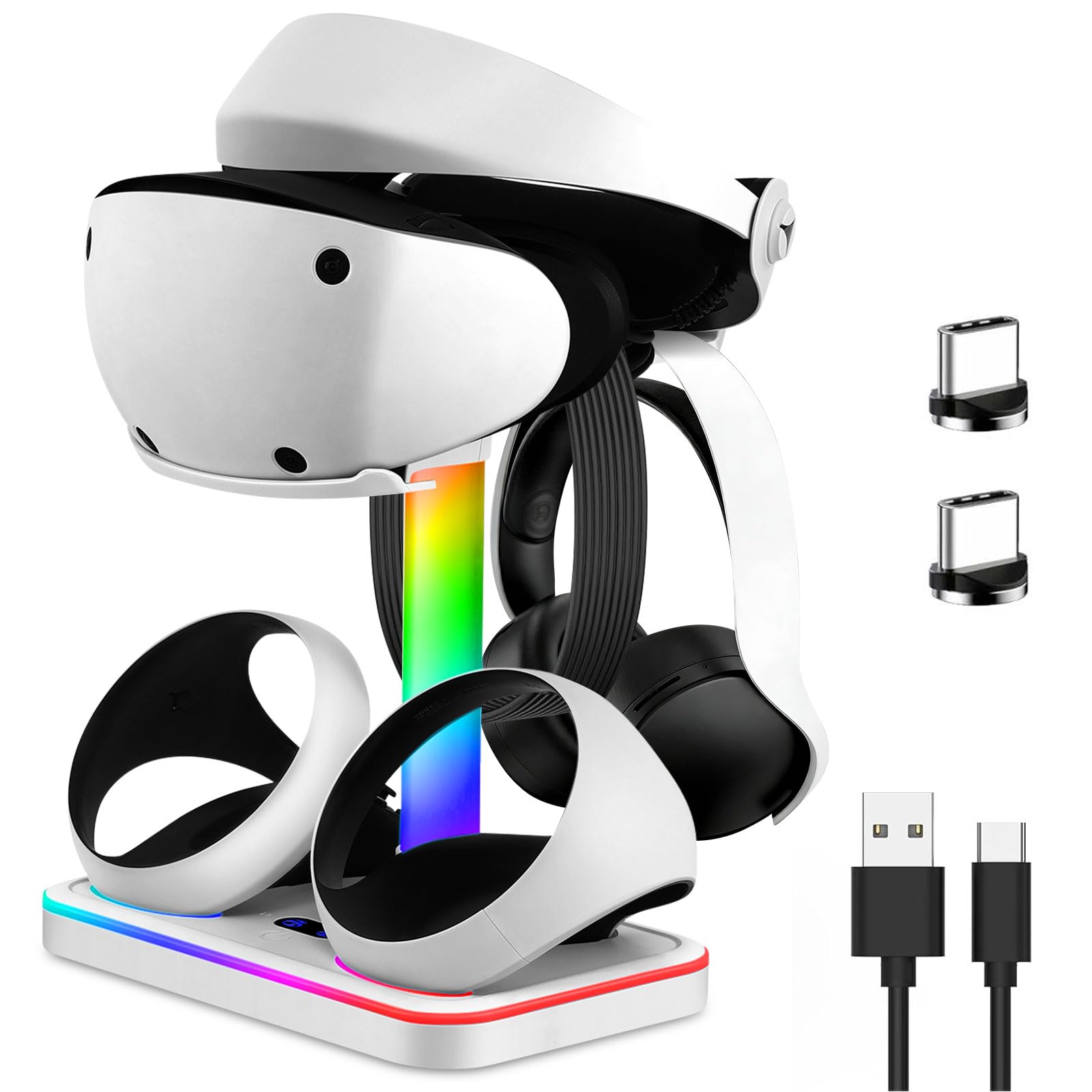 JDGPOKOO Charging Stand for PlayStation VR2, Charging Station for PSVR 2 with VR Headset Display Stand, Controller Charging Dock for PS5 VR2 with LED-Charging Indicator, 7 Light Mode, Type-C Cable
