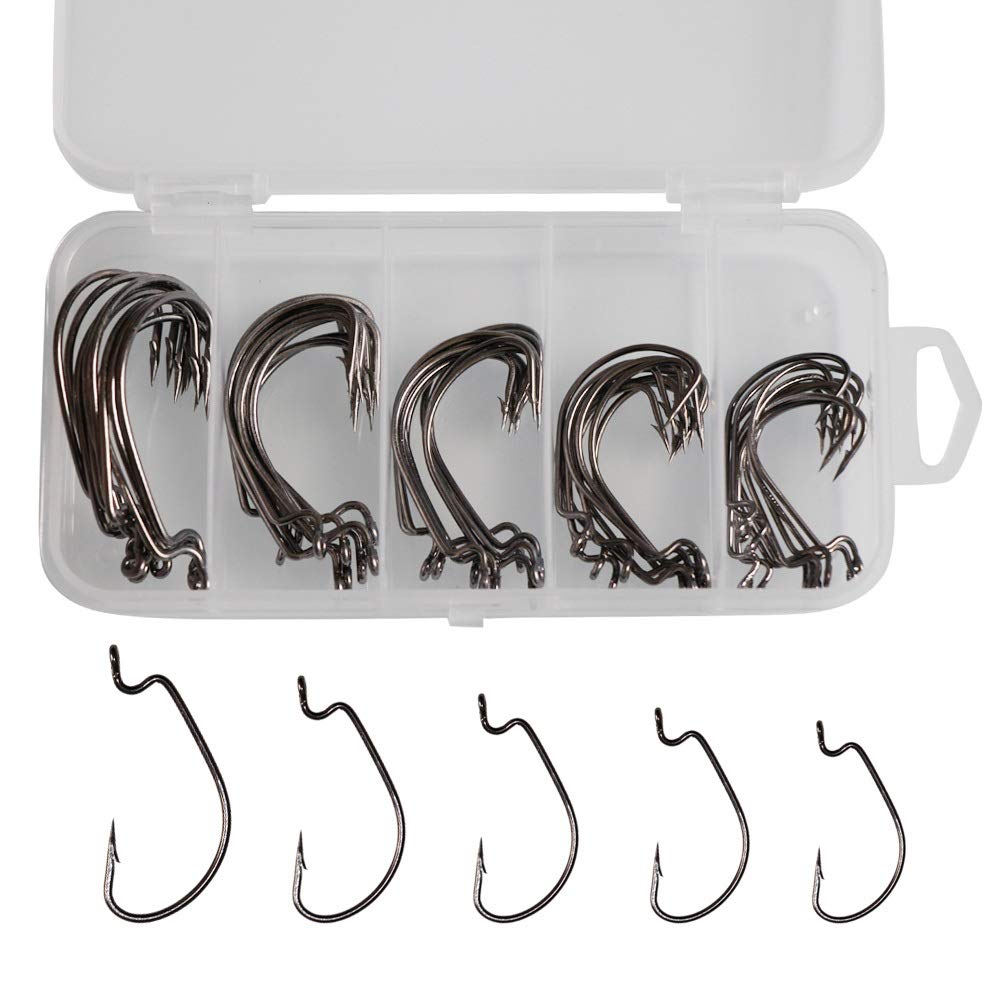 50pcs Offset Fishing Hooks Worm Hooks Black High Carbon Steel Senko Bait Fishing Hooks 5 Sizes 4/0 3/0 2/0 1/0 1#