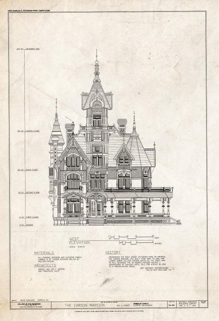 Historic Pictoric Blueprint Diagram HABS Cal,12-EUR,6- (Sheet 1 of 1) - Carson House, Eureka, Humboldt County, CA 08in x 12in