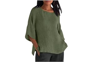 DOVFORD Linen Tops for Women 2024 Oversized Summer Shirt 3/4 Length Sleeve Tshirt Loose Casual Print Tee Trendy Ladies Blouse