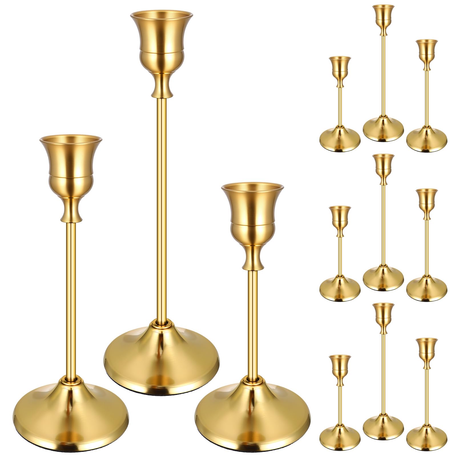 Photo 1 of 12PCS Brass Gold Taper Candle Holders Set, Vintage Metal Candlestick Holders for Table Centerpiece, Wedding Reception, Festive Christmas Mantel DecorationGold