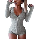 Roselux Women's Sexy Deep V Neck Shorts Long Sleeve Knitted One Piece Bodysuit Sexy Pajama Onesie Bodycon Rompers Overall