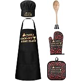Maiteenly 5 Pcs Chili Cook off Prizes Set Chili Cook off Apron, Chef Hat, Chili Oven Mittens and Mat, Wood Spoon Chili Cook off Prizes For Men Women Chili Cook Off Competition Chili Festival