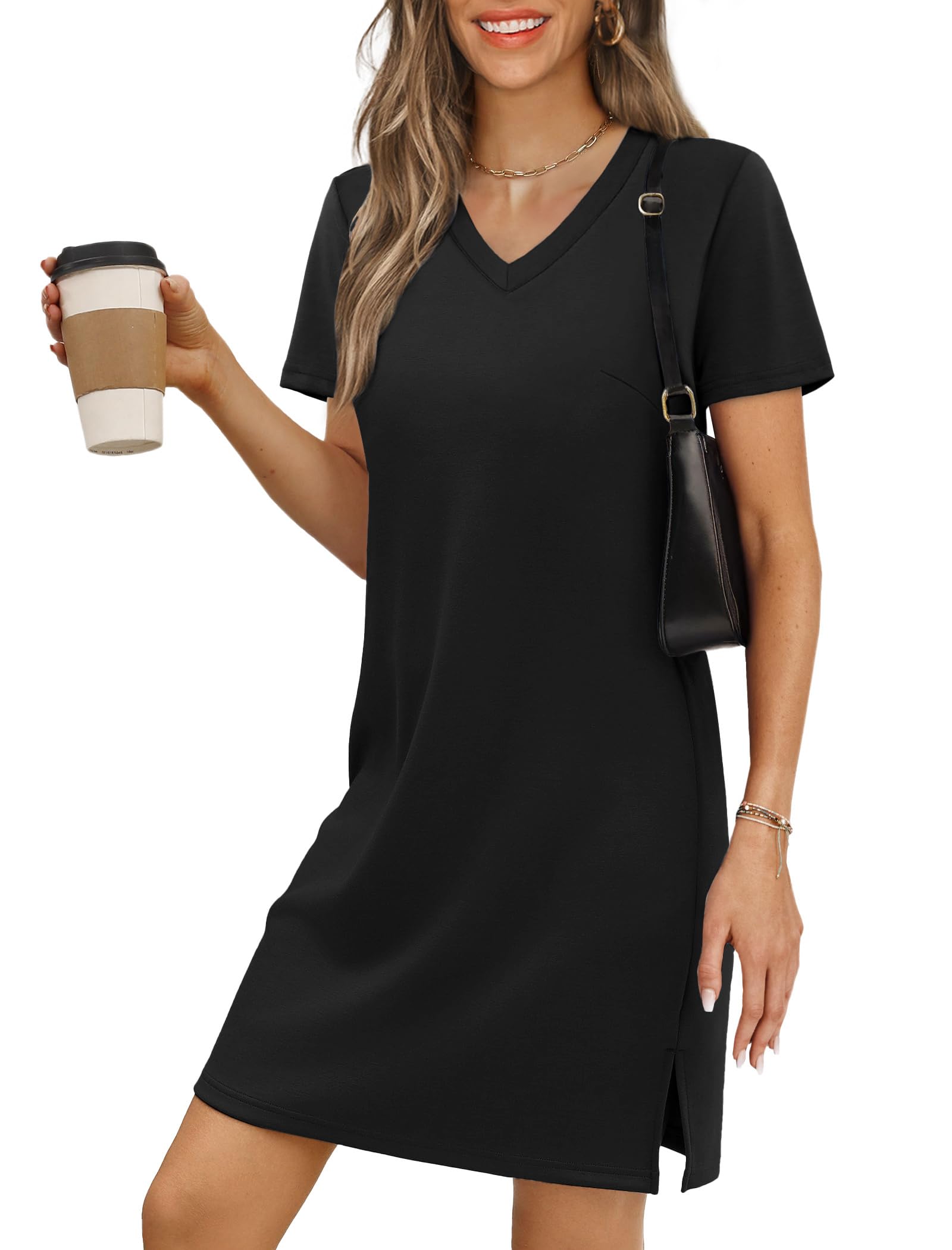 Photo 1 of *Check clerk notes*
RUMIA Summer Casual Dresses for Women 2025 Vacation Dress V-Neck Short Sleeve Split Hem Beach Sundress Black L