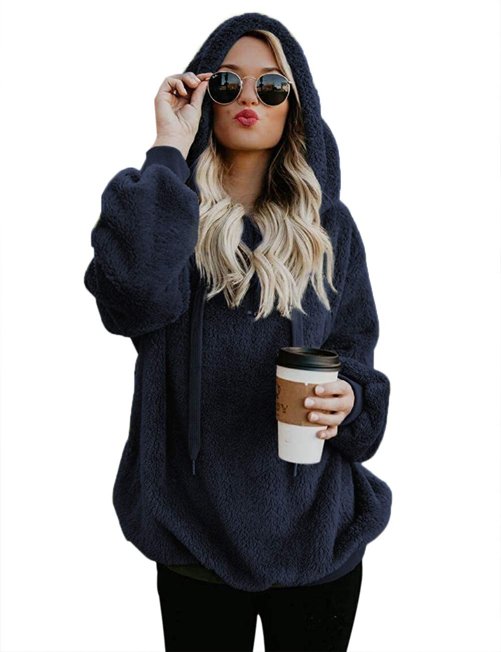 iWoo Hoodie Womens Autumn Winter Warm Teddy Fleece Top Fuzzy Casual Solid Color Pullovers for Women Stylish(Navy Blue,XL)