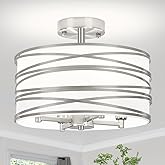 TOULMJ 4-Light Semi Flush Mount Ceiling Light, Brushed Nickel Drum Chandelier with White Fabric Shade, Modern Farmhouse Light