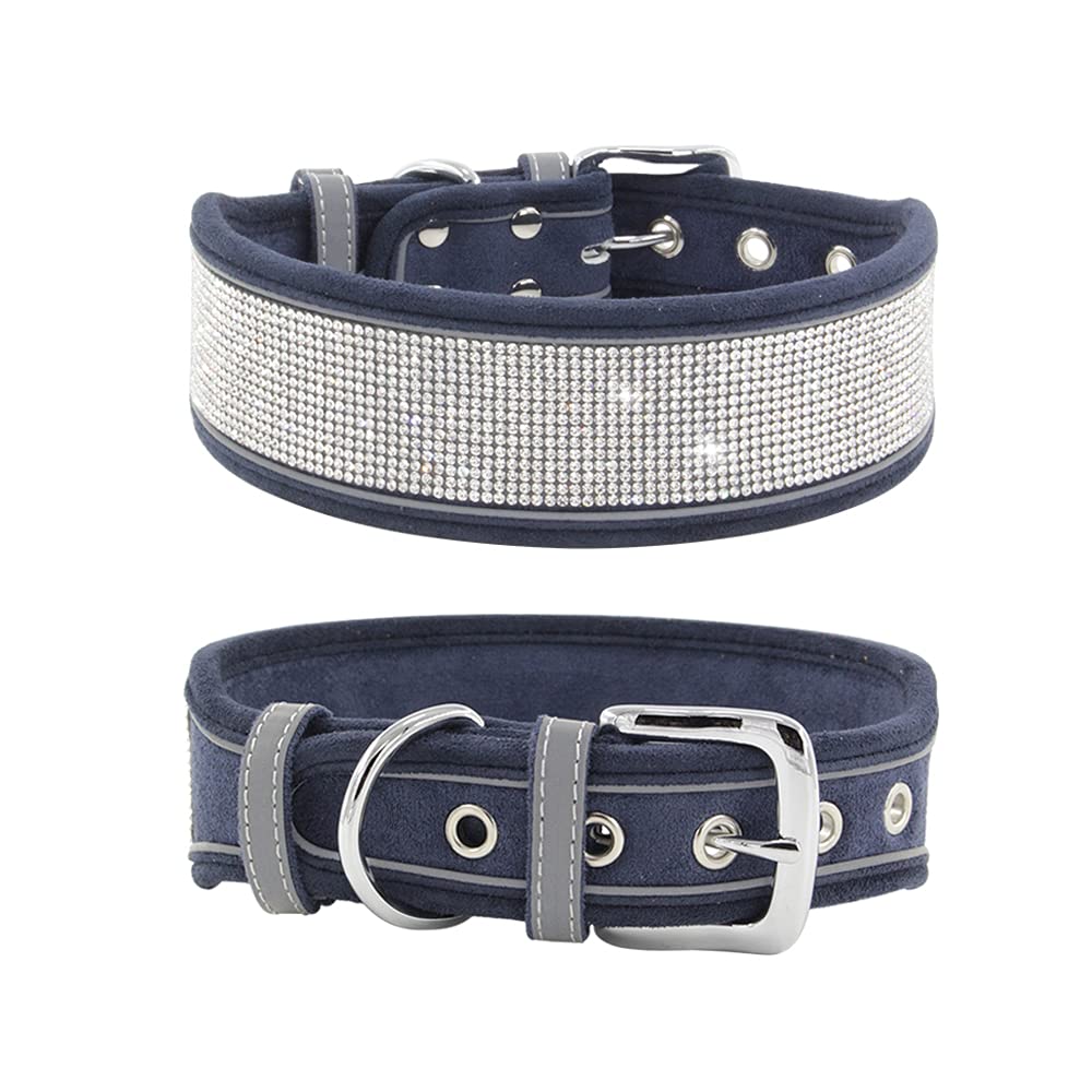 haoyueer Rhinestone Dog Collar, Dazzling Sparkling Soft Suede Reflective Large Dog Collar Crystal Diamond Collar for Medium & Large Dogs (M:15-19", Navy)