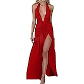 Memoriesea Women's Sexy Halter Deep V Neck High Slit Ruched Party Cocktail Maxi Dress