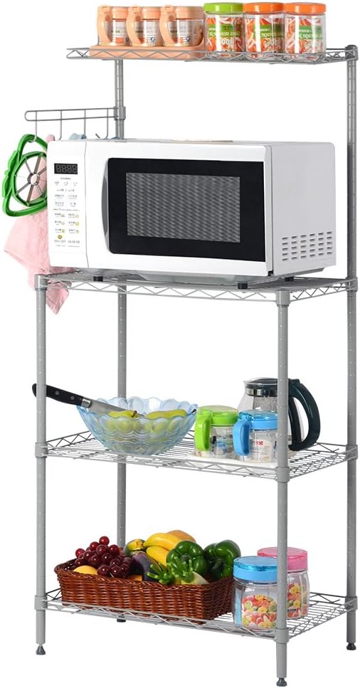 LANGRIA 3 Tier Microwave Stand Storage Rack, Kitchen Wire Shelving Microwave Oven Baker’s Rack with Spice Rack Organizer, Silver Grey - Standing Baker's Racks
