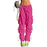 QYANGG Baggy Parachute Pants for Women& Girls Drawstring Elastic Low Waist Ruched Cargo Pants Multiple Pockets Jogger Y2K