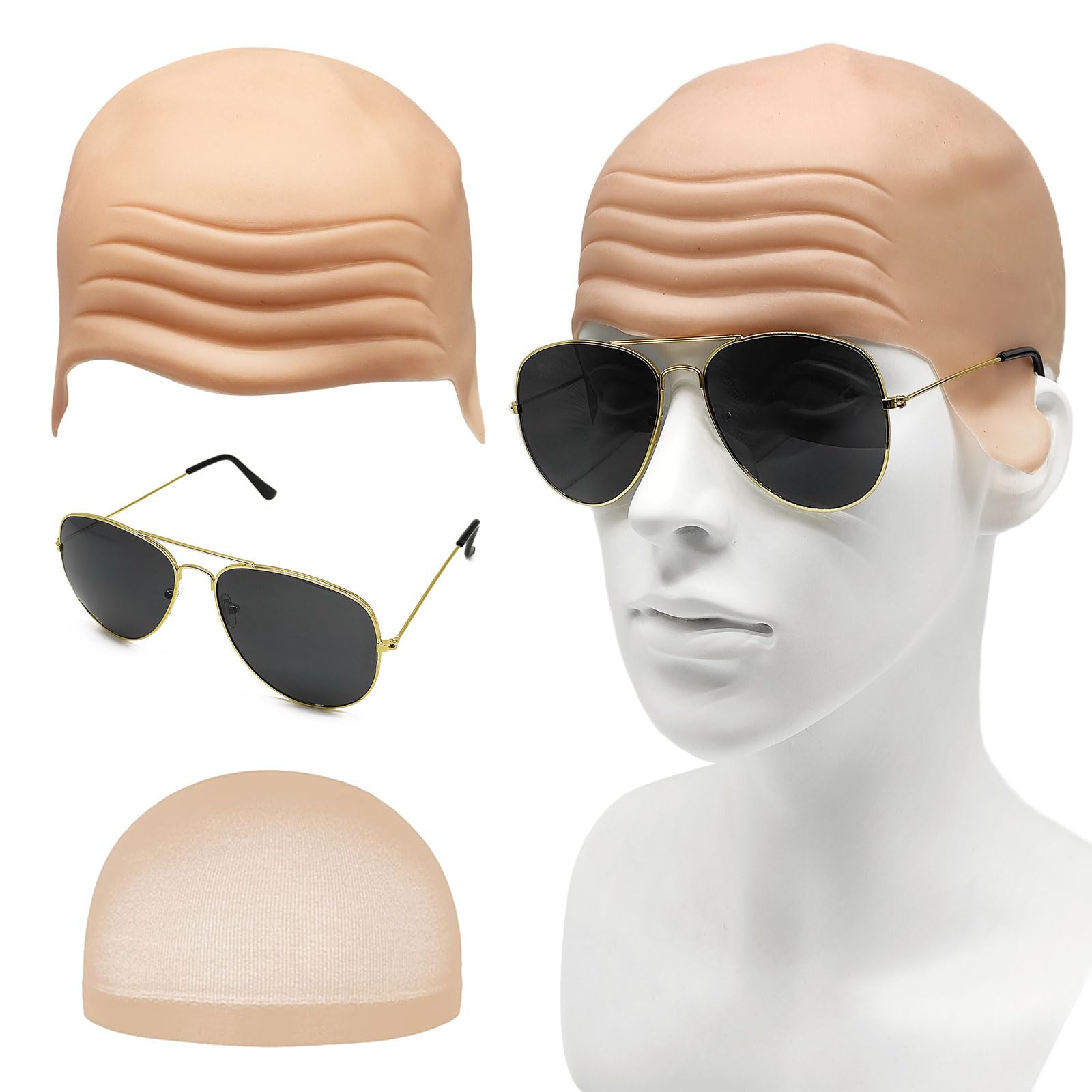 EUPSIIU Bald Caps for Adults Men Women Costume Accessory Makeup Bald Head Wig Cap Costume Set Sunglasses, Bald Skin Bald Head Skull Wig Cap Famous Rapper Cosplay Halloween Fancy Dress