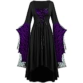 Womens Witch Dress, Halloween Medieval Vampire Costume Bat Sleeve Skull Lace Corset Gothic Sorceress Dresses