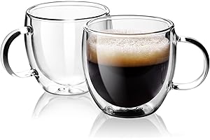 Stylusella Double Wall Glass Espresso Cups 5oz/150ml, A set of 2, Thermo Insulated Borosilicate Glass Cups with Handle