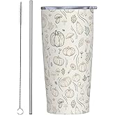 YIKISSKID Fall 20oz Tumbler with Lid and Straw for Women Men, Autumn Maple Leaf Pumpkin Insulated Mug Autumn Thanksgiving Harvest Stainless Steel Tumbler Double Wall Vacuum Travel Mug Coffee Cup