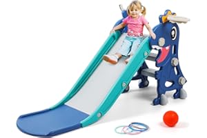 BFAZKXY Indoor Slide for Toddlers 1-3, Foldable Kids Toddler Indoor Slide Playset, Indoor and Outdoor Playground, Toddler Climber Playset with Basketball Hoop and Ring Toss(Blue)
