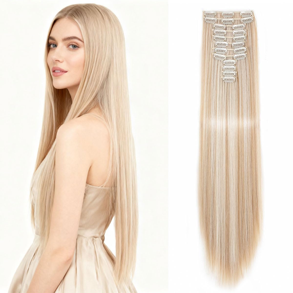 22 Inch Long Straight Clip-in Hair Extensions 180g Synthetic Full Head Set 18H613# Ash Blonde Mix Bleach Blonde Colour Clip in Hair Extensions for Women — image 1