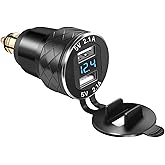 iMESTOU Aluminium DIN Hella USB Plug to Dual USB Charger Adapter with LED Voltmeter Waterproof for 12V/24V BMW Ducati Motorcycles