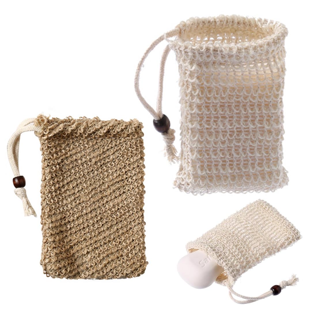 2 PCS Soap Bag, Sisal Soap Bag, Natural Fiber Soap Bags, with Drawstring, Natural Soap Saver Pouch, for Foaming or Drying Soaps