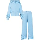 YOURUIKEY Girls 2 Piece Outfits Hoodie Zip Drop Shoulder Sweatshirt and Sweatpants Set with Pockets Sweatsuit Fall Clothes