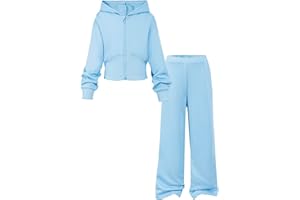 YOURUIKEY Girls 2 Piece Outfits Hoodie Zip Drop Shoulder Sweatshirt and Sweatpants Set with Pockets Sweatsuit Fall Clothes