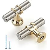 HOME EDIT Brushed Nickel &amp; Gold Cabinet Handles, T-Bar Single Hole, 5 Pack | Modern T-Bar Grip, Smooth Pull Feel, Decorative Cabinet Update, For Cabinets, Dressers, Drawers
