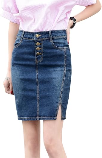 high rise denim pencil skirt