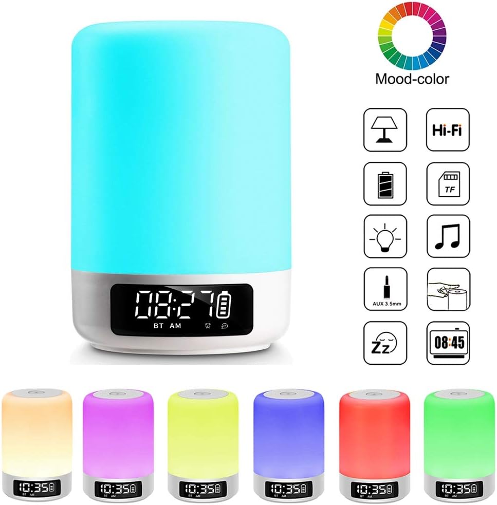 Elecstars Upgrade Touch Bedside Lamp，Bluetooth Speaker with Alarm Clock, Dimmable Colour Night Light, Gifts for Women Sleeping Aid