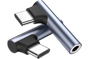 2 Pack USB C to 3.5mm Audio Adapter, Right Angle Type C to Headphone Jack Dongle with DAC & HiFi Sound/Mic Support, Compatibl