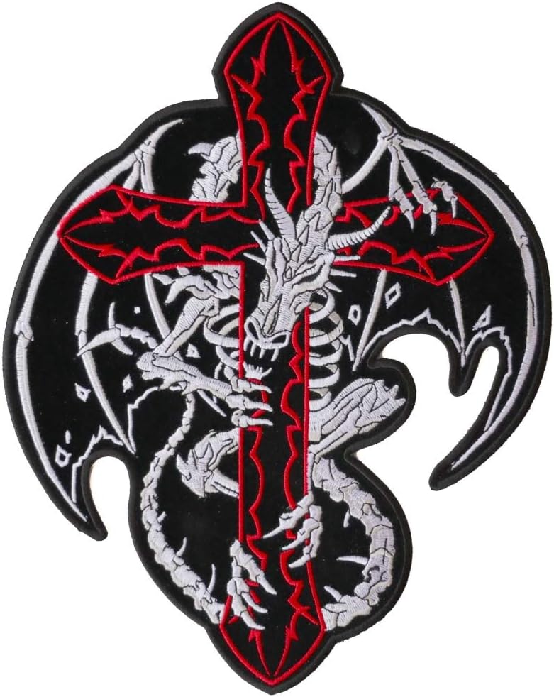 Amazon Com Dragon Skeleton Wrapped Around Cross Large Back Patch 8x10 Inch Embroidered Iron On Patch Arts Crafts Sewing