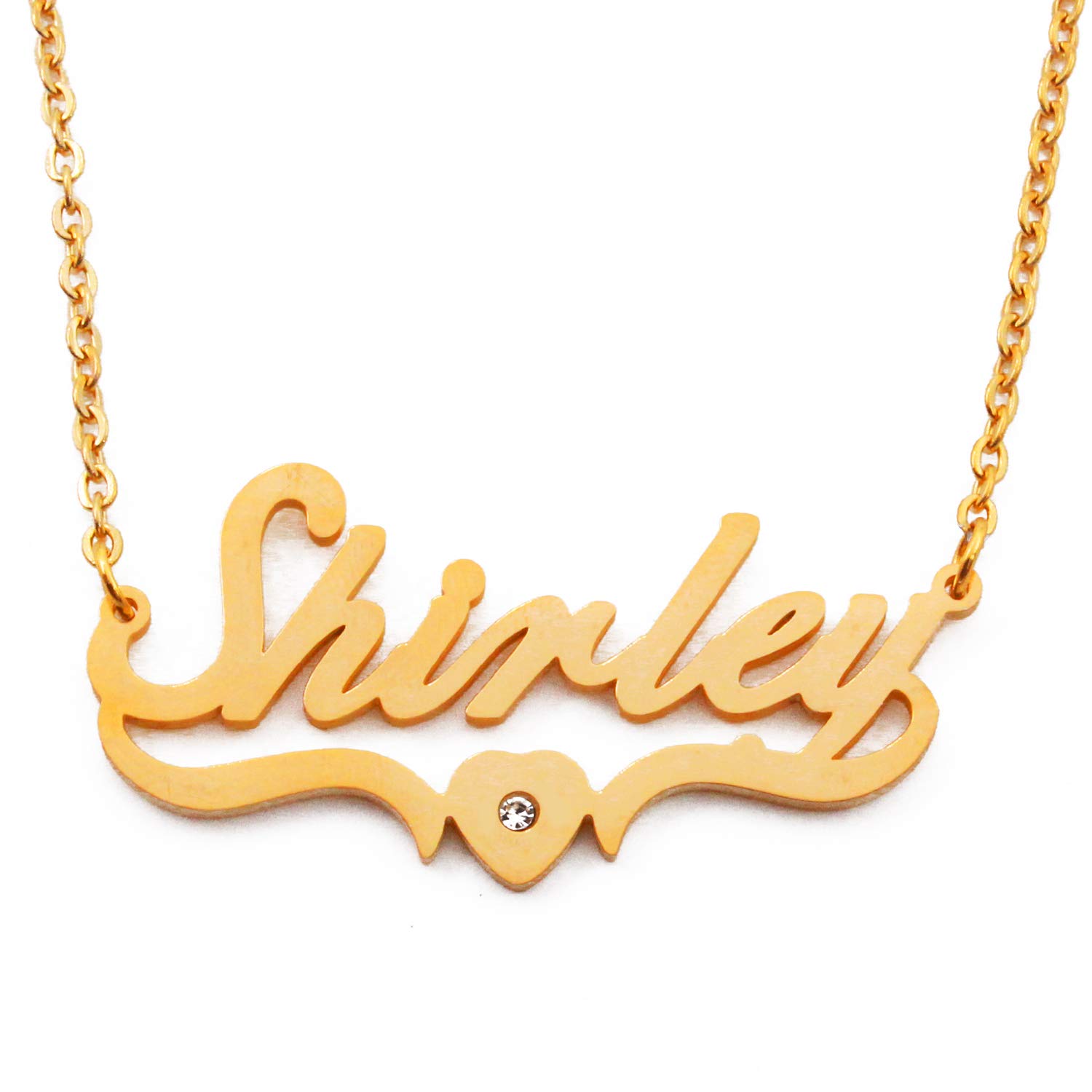 Kigu Shirley Name Necklace Personalised Heart Shaped Gold Plated, Custom Dainty Name Pendants, Jewellery for Ladies, Girlfriend, Mother, Sister, Friends Inc Bag & Box