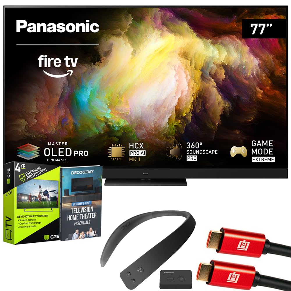 Panasonic Z8BAP 77 Inch OLED 4K Smart Fire TV, 144Hz TV-77Z8BAP Bundle with 4 YR CPS Enhanced Protection, WN10 Wireless TV Neck Speaker, HDMI Cable & Deco Gear Home Theater Beginner's Guidebook