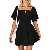 Wimsihal Women's Summer Dresses Square Neck Casual Short Sleeves Elastic Waist Party Mini Dress
