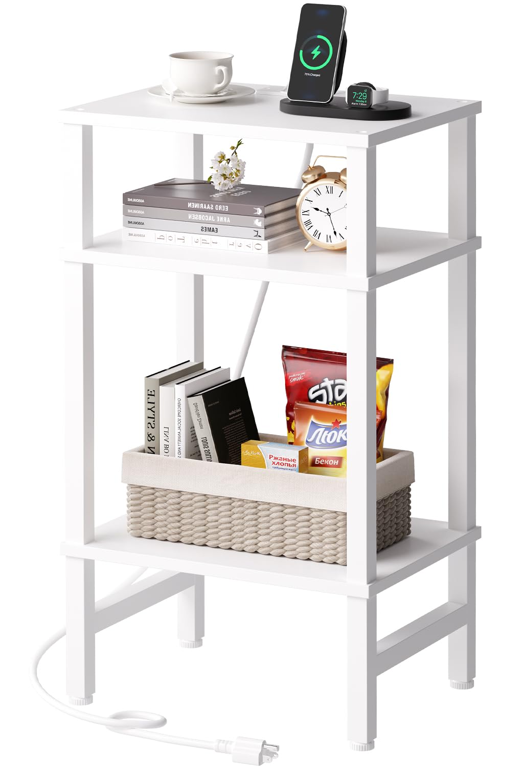 View 1 of Asgolion 3 Tier End Table with Storage and Fast Charging Station, Tall Narrow Nightstand with Type C and USB Port, Small Side Table for Living Room, Bedroom, Office, Nursery, White