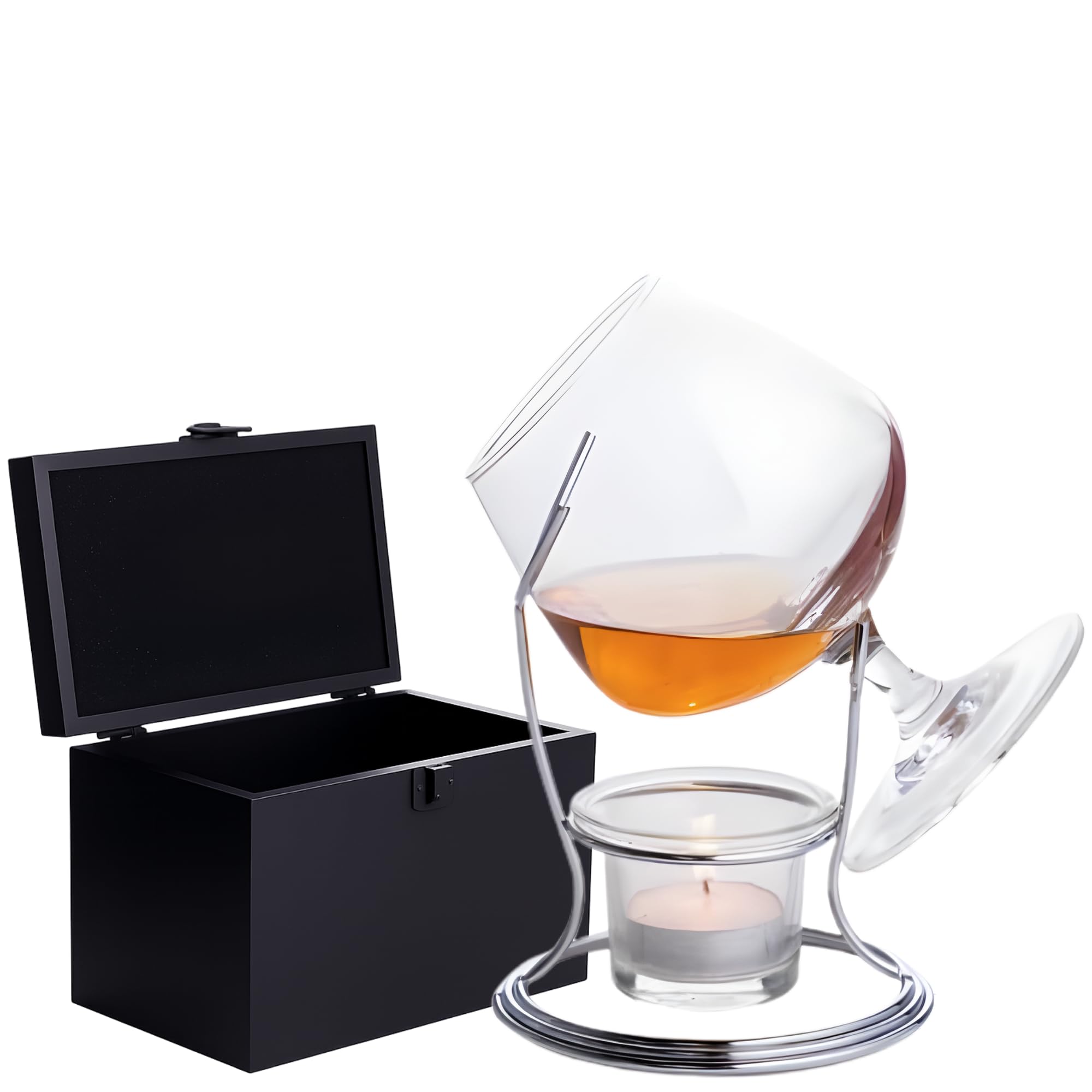 Drinkstuff Deluxe Brandy & Cognac Warmer Gift Set with Glass – Wooden Presentation Box, Silver-Plated Stand, Toughened Snifter, Included Tealight, Premium Gift for Brandy & Cognac Lovers