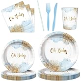 AIBIIN 112 PCS Baby Shower Party Decorations Boy Watercolor Pastel Blue Boy Baby Shower Party Supplies Disposable Dinnerware Oh Baby Paper Plates Napkins Cups Serves Serves 16