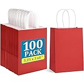 BagDream 5.25x3x8 Inch 100Pcs Small Gift Bags with Handles Red Kraft Paper Bags Bulk for Christmas, Wedding, Party Favors, Business, Retail, Grocery Paper Sacks